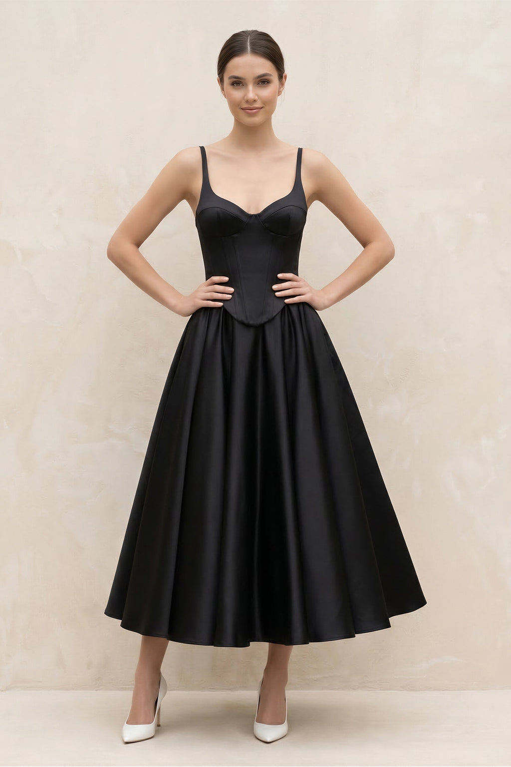 Spaghetti Straps A-Line Satin Midi Wedding Dress in Black - Curvevia