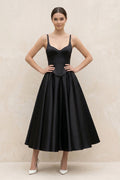 Spaghetti Straps A-Line Satin Midi Wedding Dress in Black - Curvevia