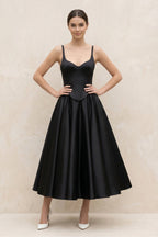 Spaghetti Straps A-Line Satin Midi Wedding Dress in Black - Curvevia