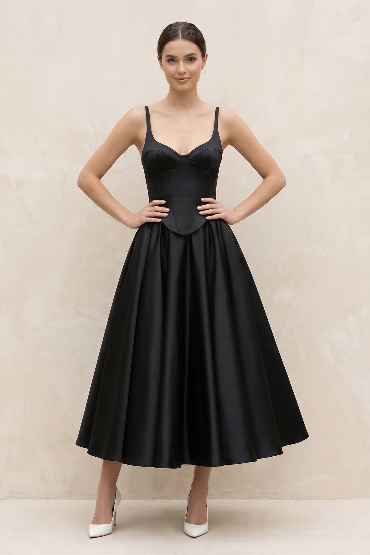 Spaghetti Straps A-Line Satin Midi Wedding Dress in Black - Curvevia