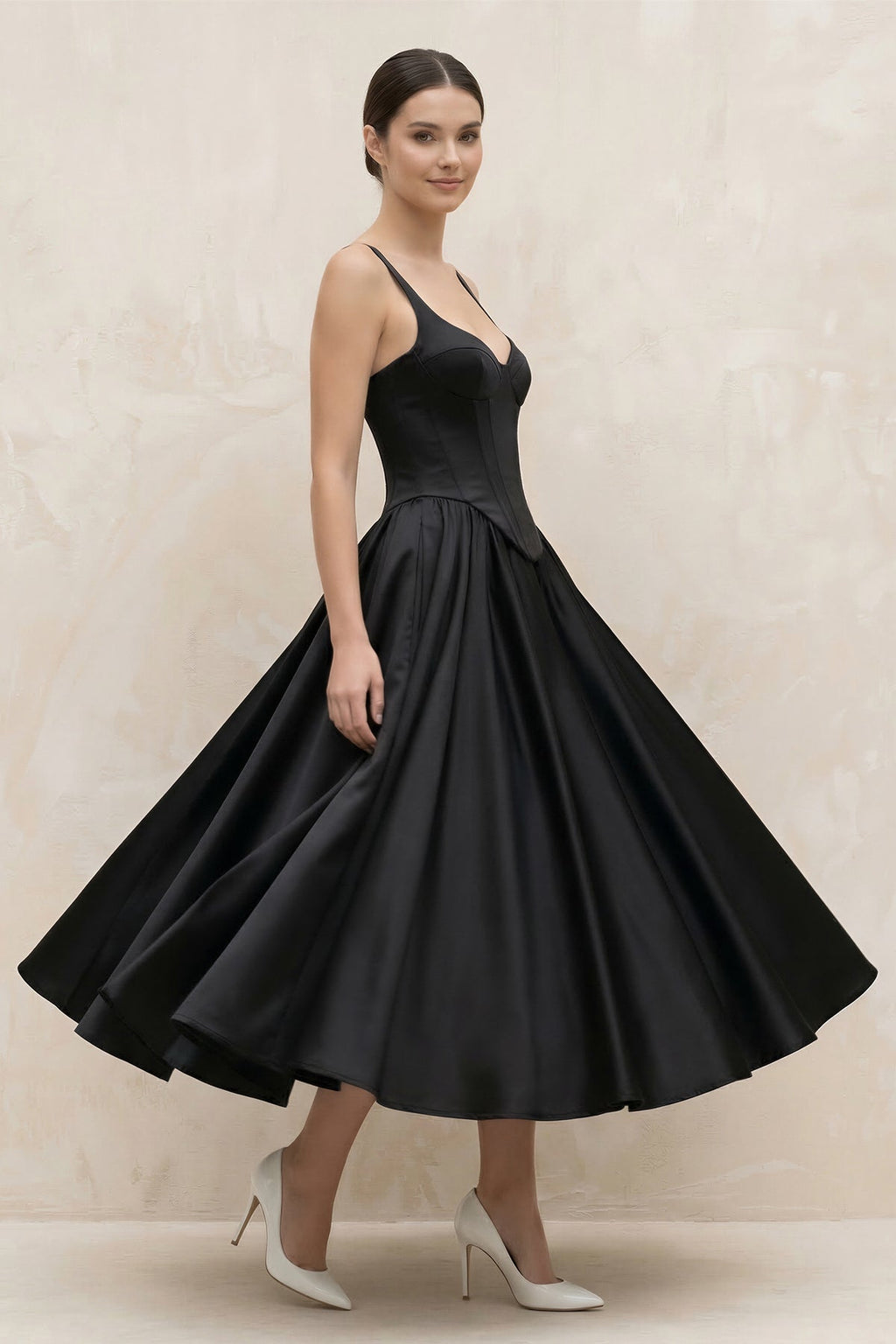 Spaghetti Straps A-Line Satin Midi Wedding Dress in Black - Curvevia