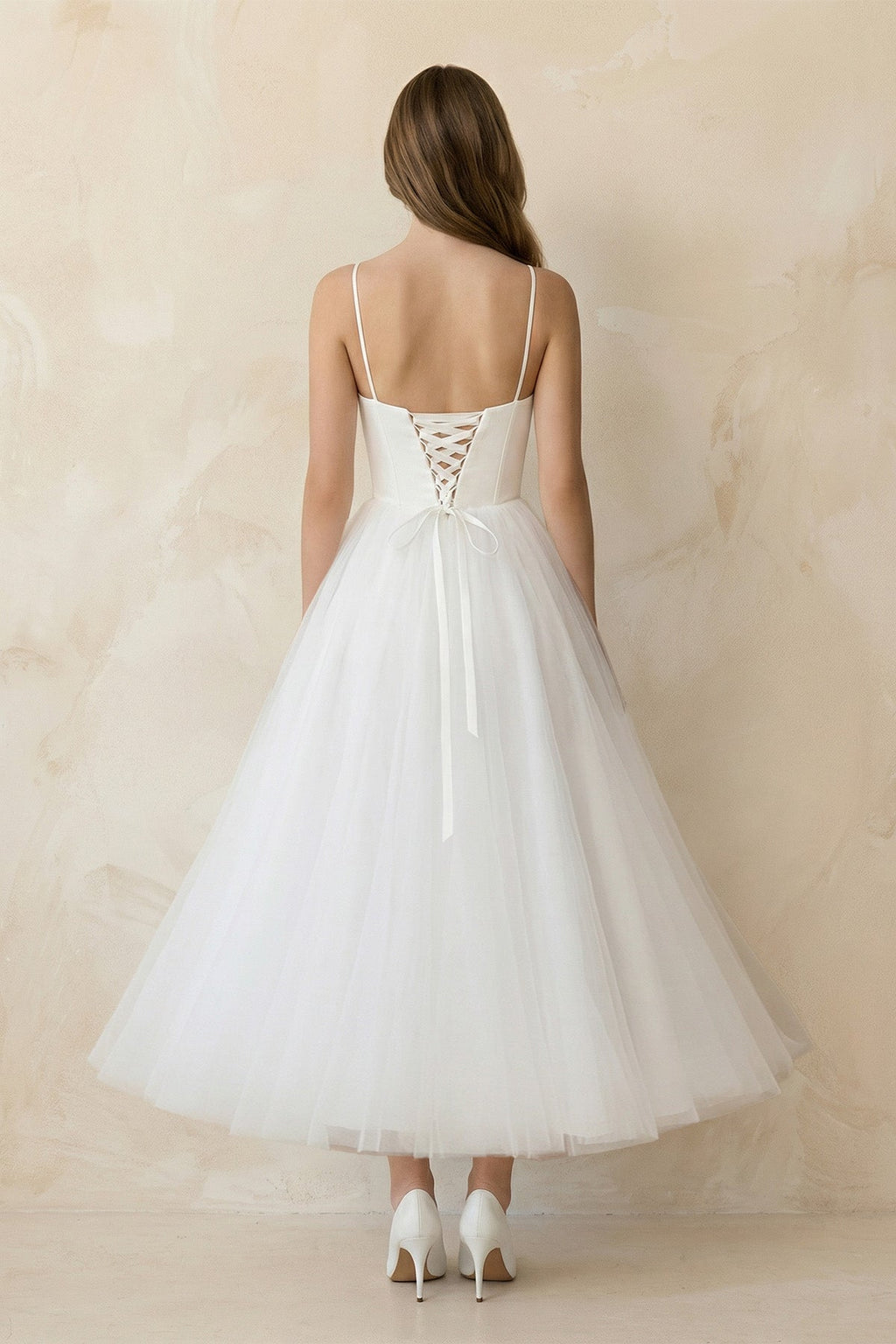 A-Line Spaghetti Straps White Satin Tulle Tea-Length Wedding Dresses - Curvevia