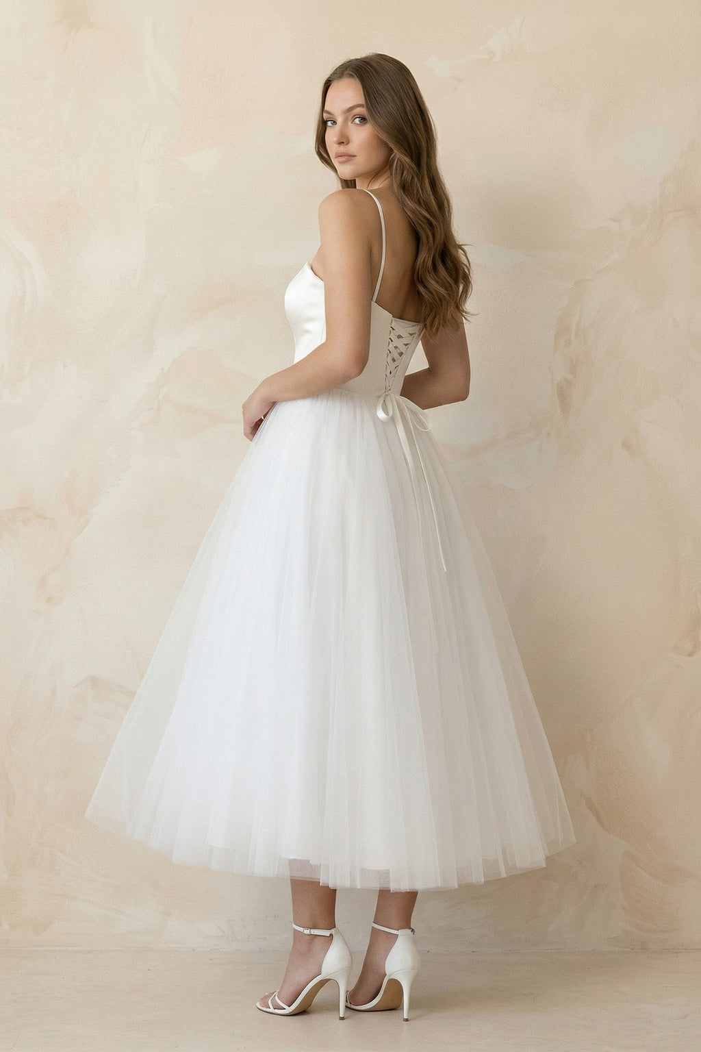 A-Line Spaghetti Straps White Satin Tulle Tea-Length Wedding Dresses - Curvevia