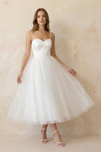 A-Line Spaghetti Straps White Satin Tulle Tea-Length Wedding Dresses - Curvevia