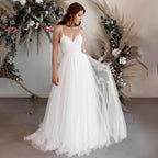 A-Line Tulle Spaghetti Straps Wedding Dresses With Lace Appliques - Curvevia