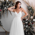 A-Line Tulle Spaghetti Straps Wedding Dresses With Lace Appliques - Curvevia