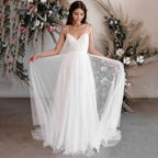 A-Line Tulle Spaghetti Straps Wedding Dresses With Lace Appliques - Curvevia