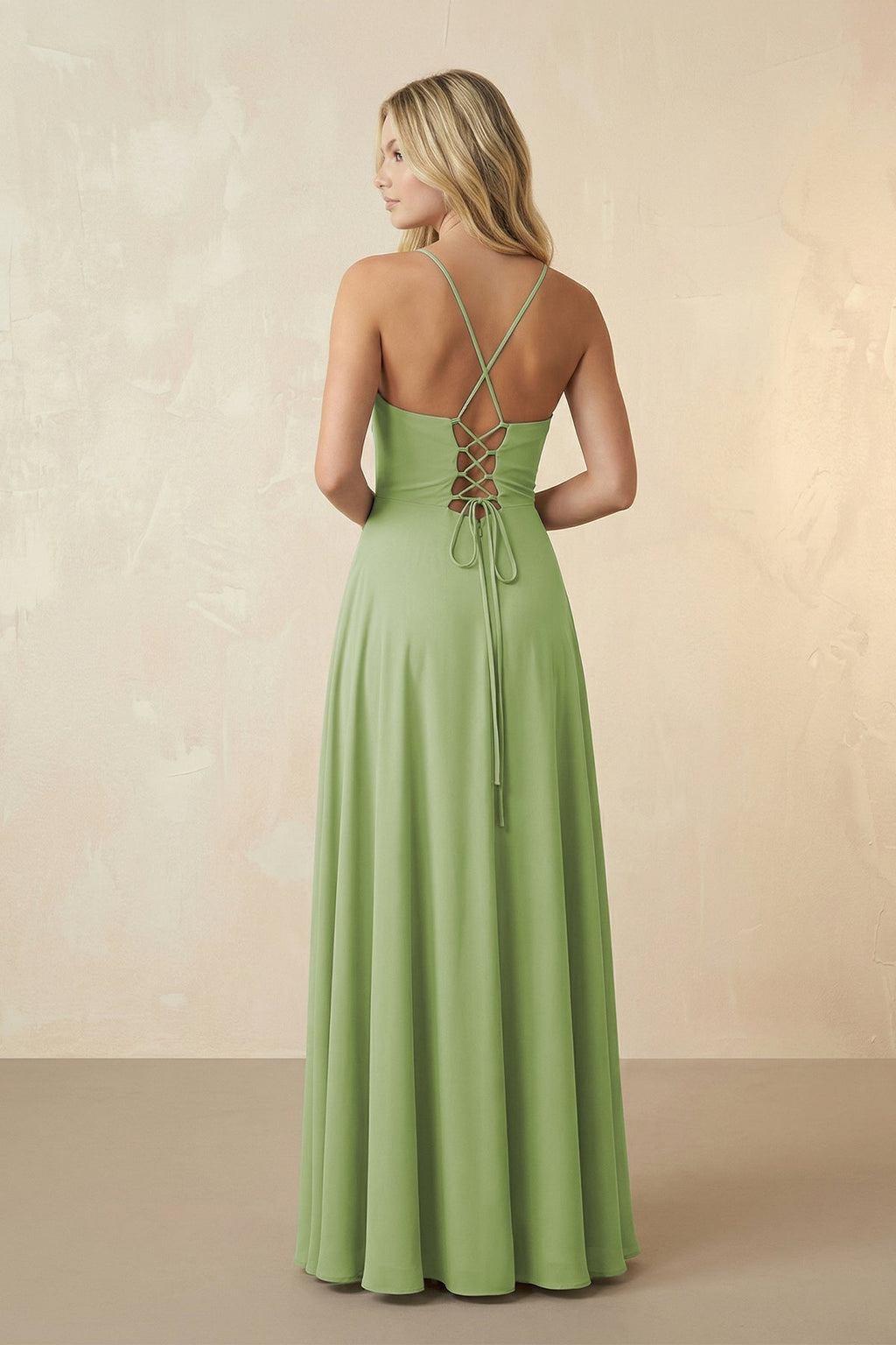 Spaghetti Straps Chiffon A-Line Bridesmaid Dress in Matcha - Curvevia