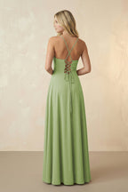 Spaghetti Straps Chiffon A-Line Bridesmaid Dress in Matcha - Curvevia