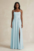 A-Line Spaghetti Straps Chiffon Bridesmaid Dress in Sky Blue - Curvevia