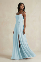 A-Line Spaghetti Straps Chiffon Bridesmaid Dress in Sky Blue - Curvevia