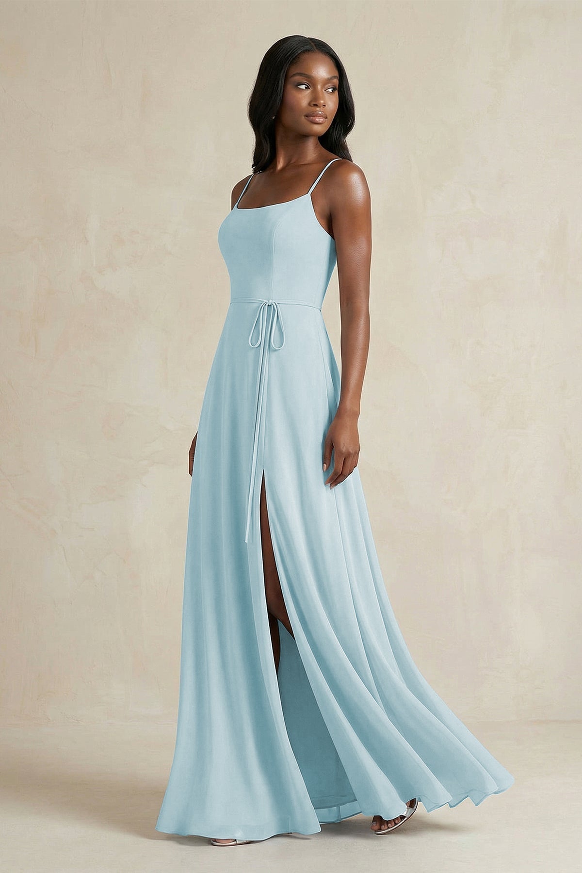 A-Line Spaghetti Straps Chiffon Bridesmaid Dress in Sky Blue - Curvevia