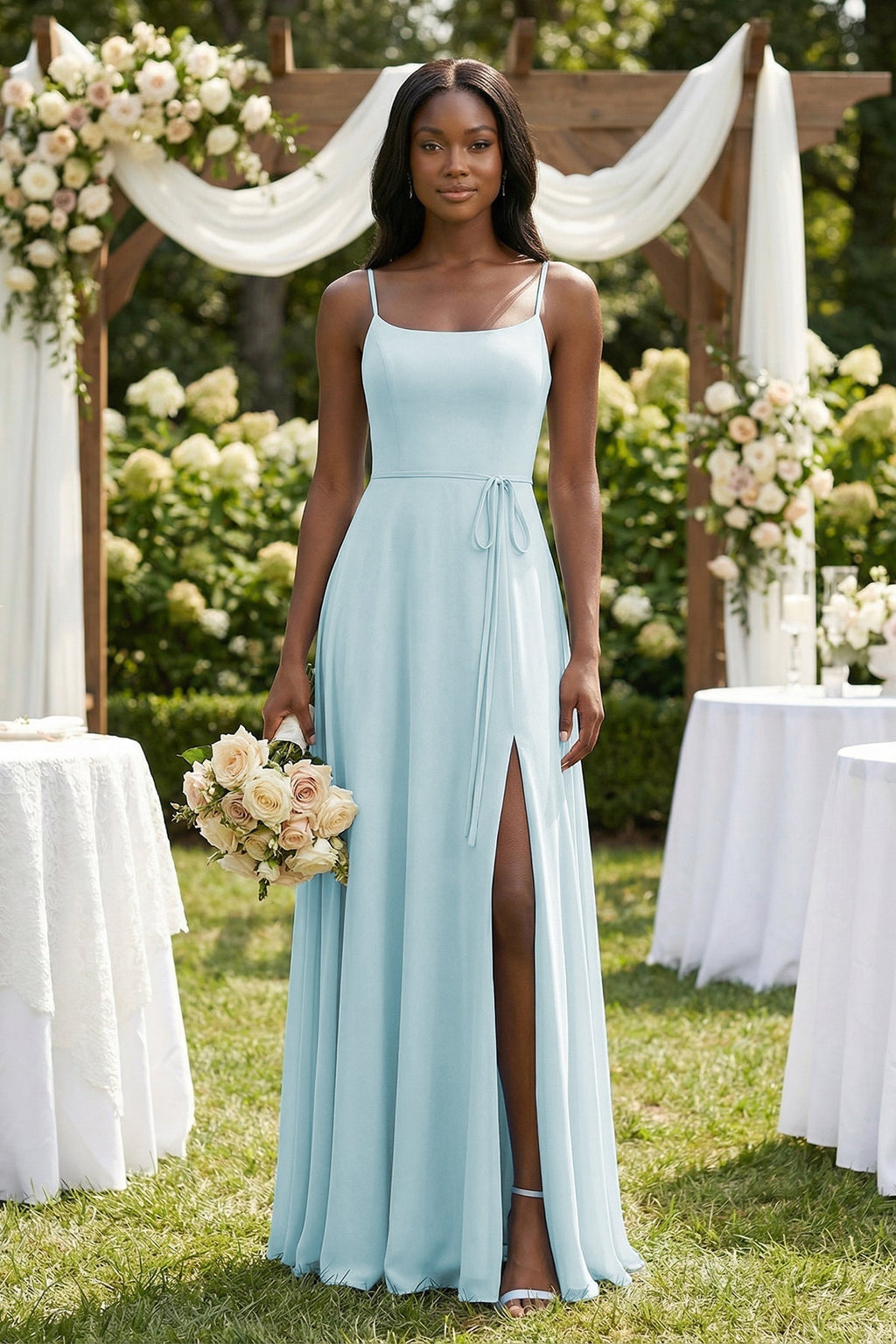 A-Line Spaghetti Straps Chiffon Bridesmaid Dress in Sky Blue - Curvevia