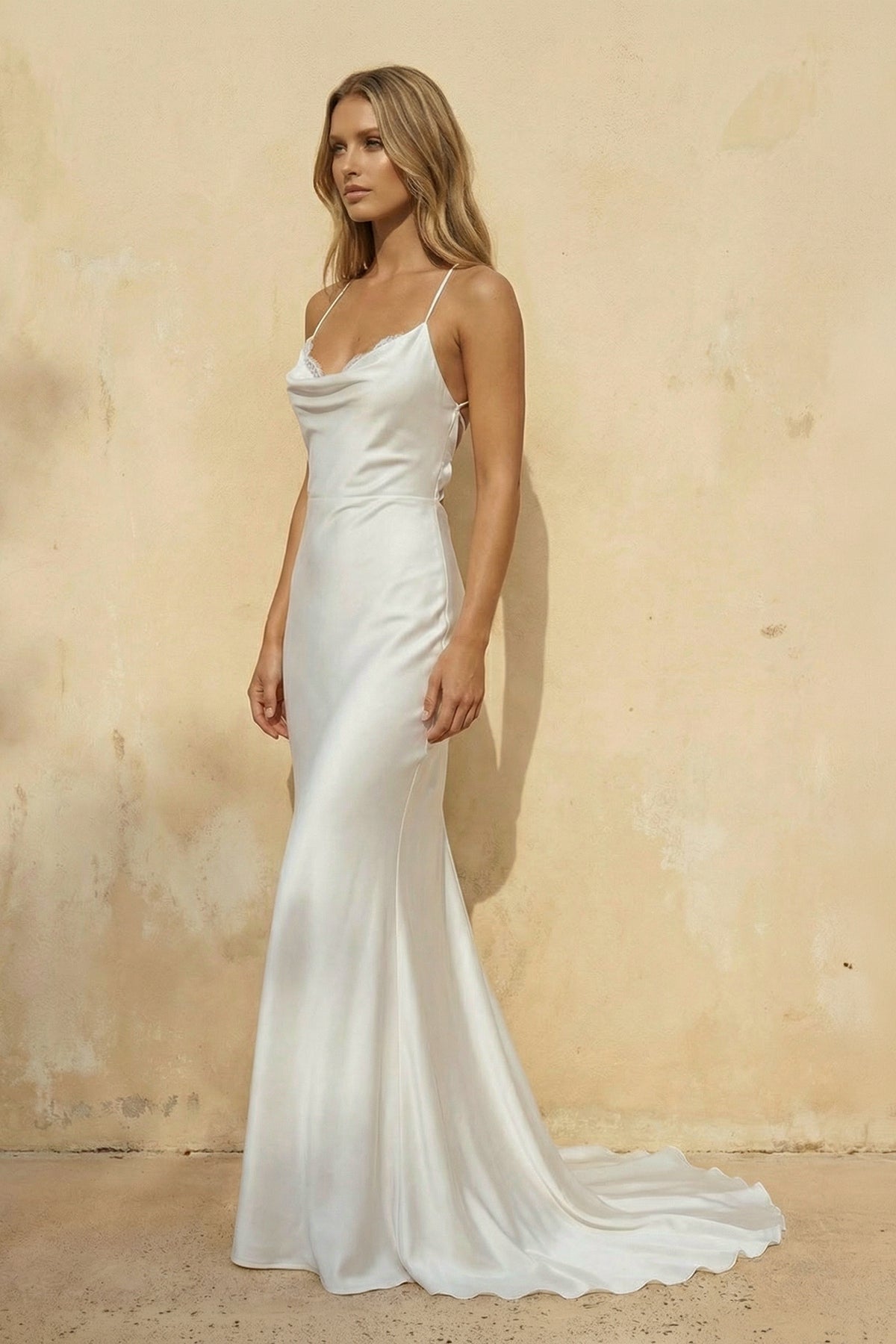 Mermaid Satin White Spaghetti-Straps Wedding Dresses With Lace-Up Back - Curvevia
