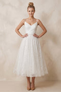 Shiny A-Line V-Neck Sleeveless Little White Sequined Wedding Dresses - Curvevia