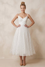 Shiny A-Line V-Neck Sleeveless Little White Sequined Wedding Dresses - Curvevia