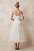 Shiny A-Line V-Neck Sleeveless Little White Sequined Wedding Dresses - Curvevia