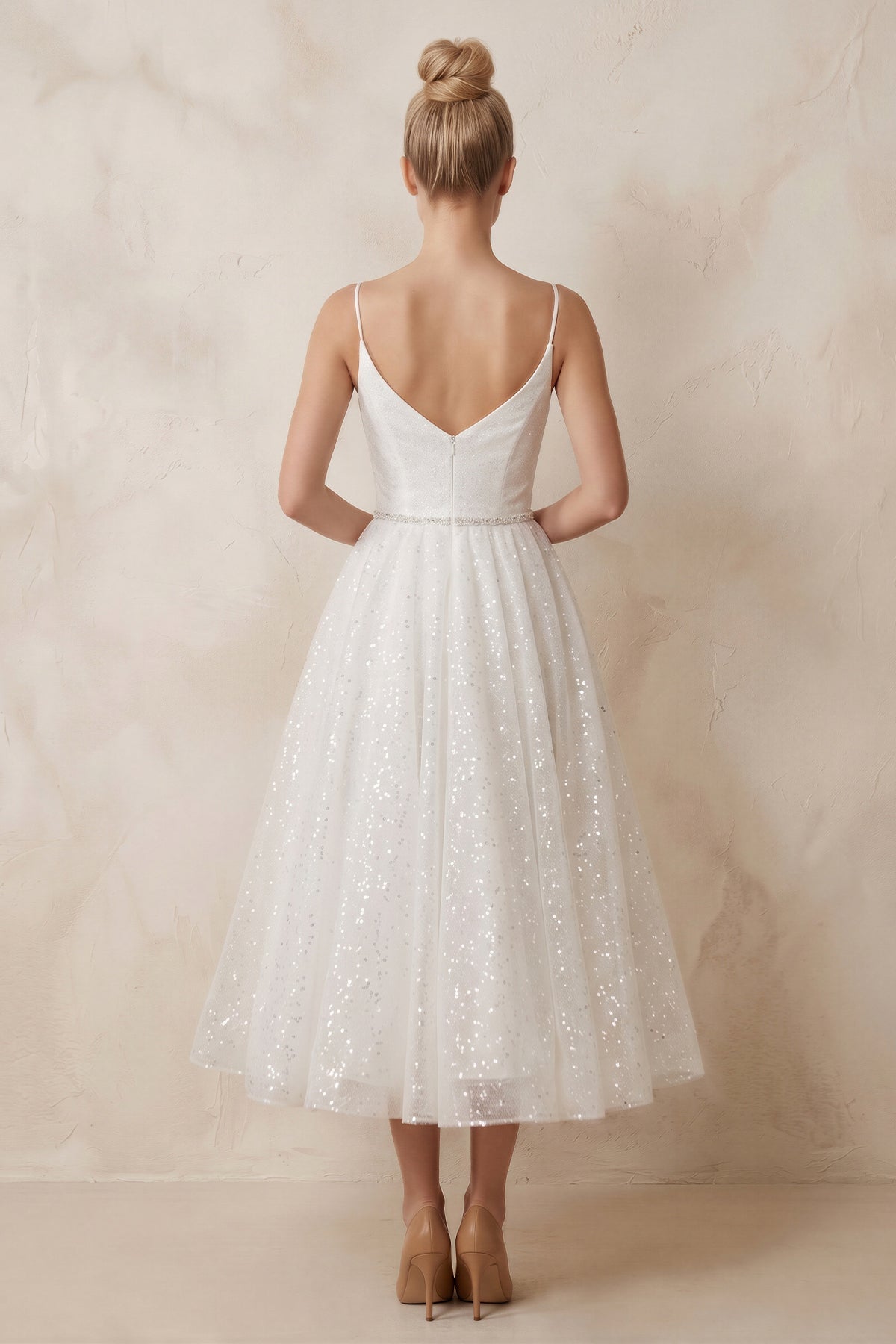 Shiny A-Line V-Neck Sleeveless Little White Sequined Wedding Dresses - Curvevia