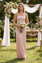 Sheath Spaghetti Straps Satin Bridesmaid Dress in English Rose - Curvevia