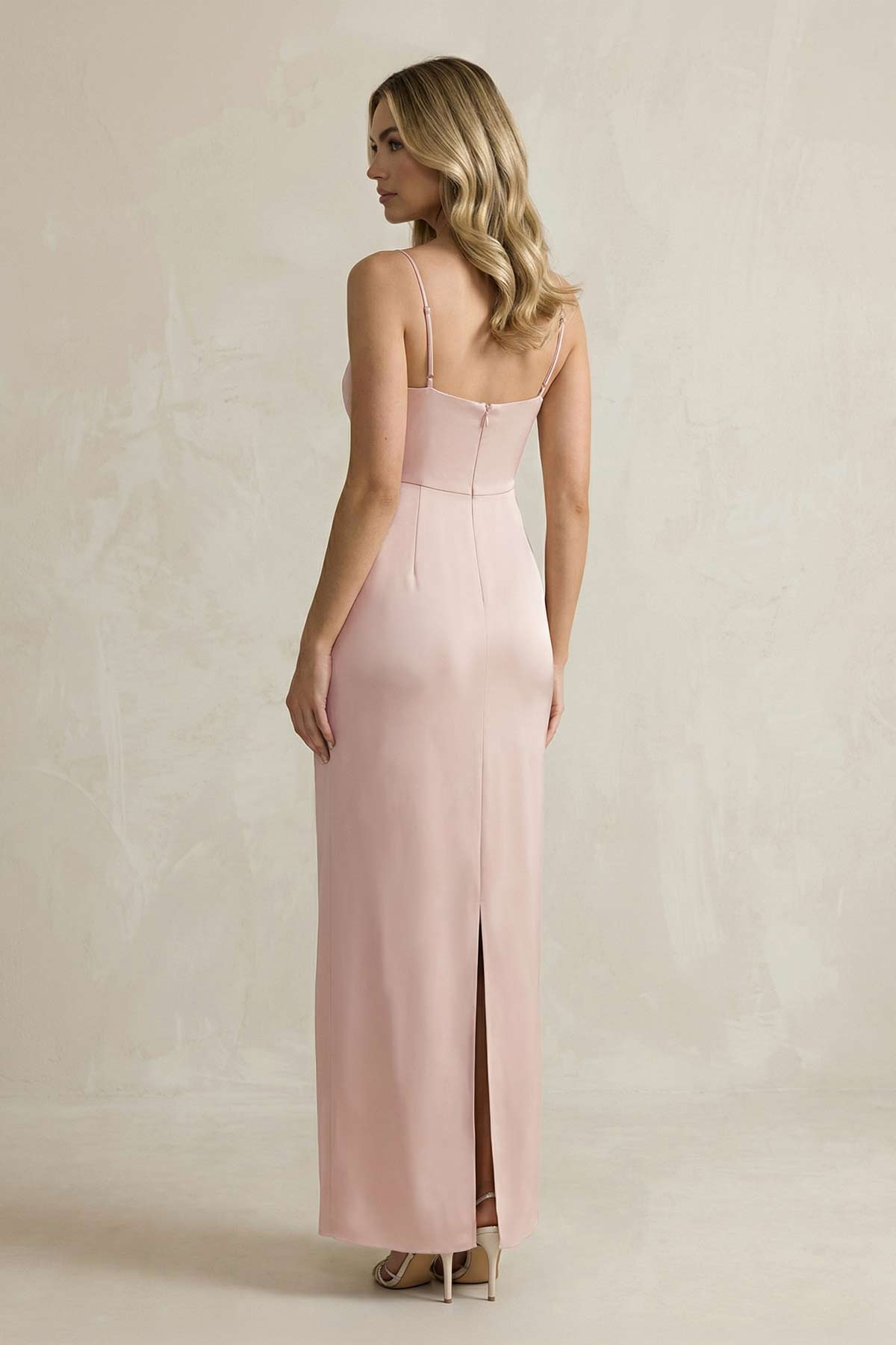 Sheath Spaghetti Straps Satin Bridesmaid Dress in English Rose - Curvevia