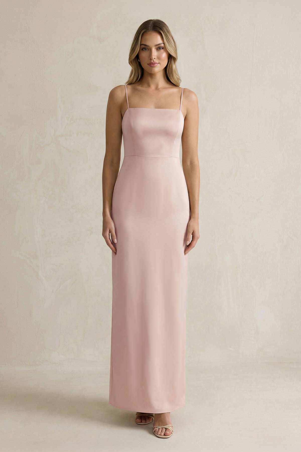 Sheath Spaghetti Straps Satin Bridesmaid Dress in English Rose - Curvevia