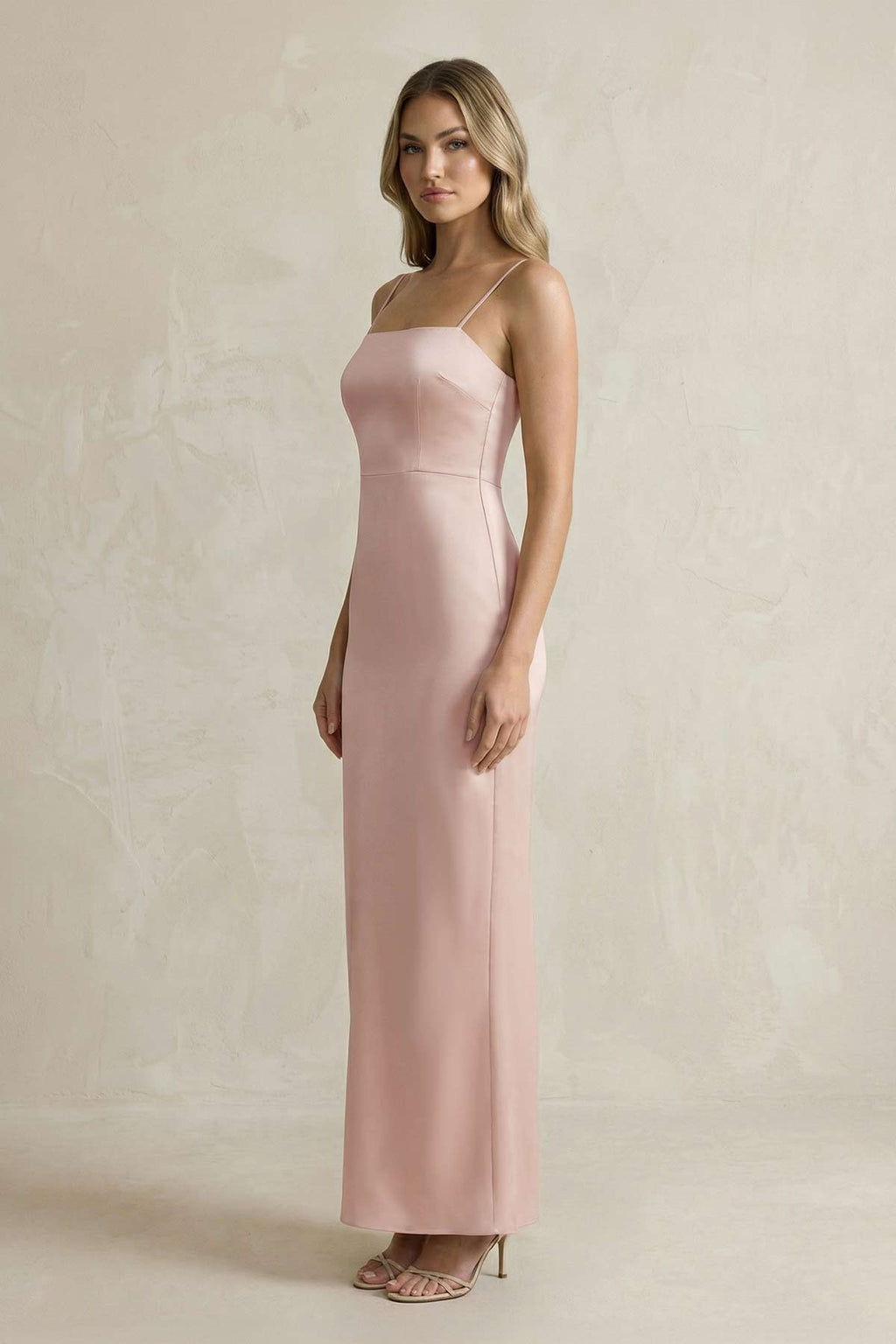 Sheath Spaghetti Straps Satin Bridesmaid Dress in English Rose - Curvevia