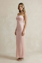 Sheath Spaghetti Straps Satin Bridesmaid Dress in English Rose - Curvevia