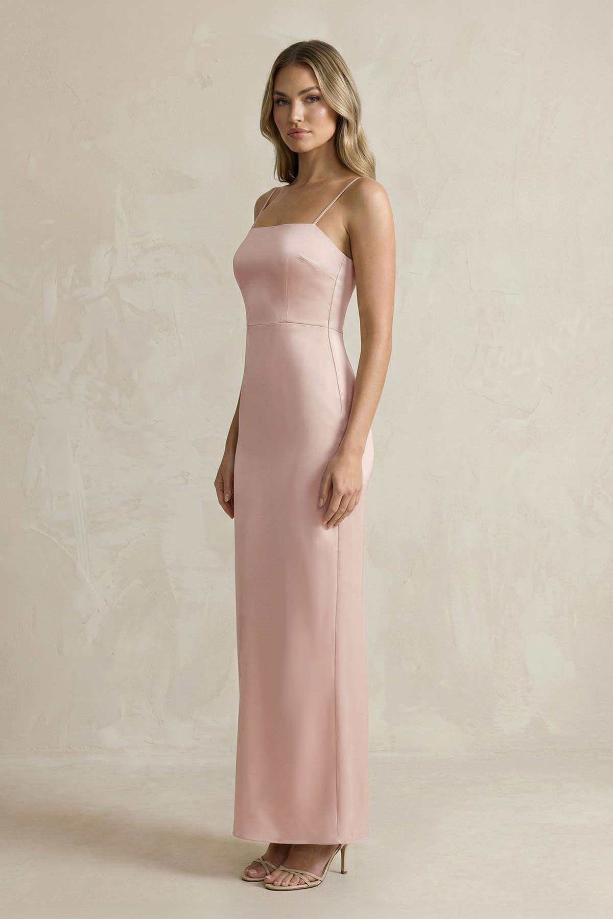 Sheath Spaghetti Straps Satin Bridesmaid Dress in English Rose - Curvevia