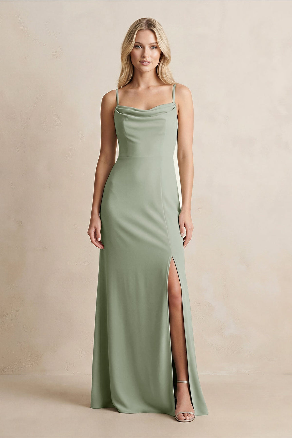 Spaghetti Straps Sheath Satin Bridesmaid Dress With Slit in Dove Gray - Curvevia