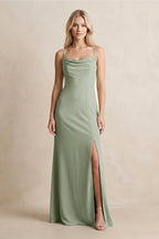 Spaghetti Straps Sheath Satin Bridesmaid Dress With Slit in Dove Gray - Curvevia