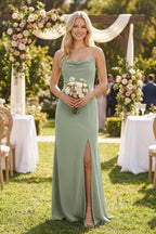 Spaghetti Straps Sheath Satin Bridesmaid Dress With Slit in Dove Gray - Curvevia
