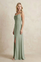 Spaghetti Straps Sheath Satin Bridesmaid Dress With Slit in Dove Gray - Curvevia