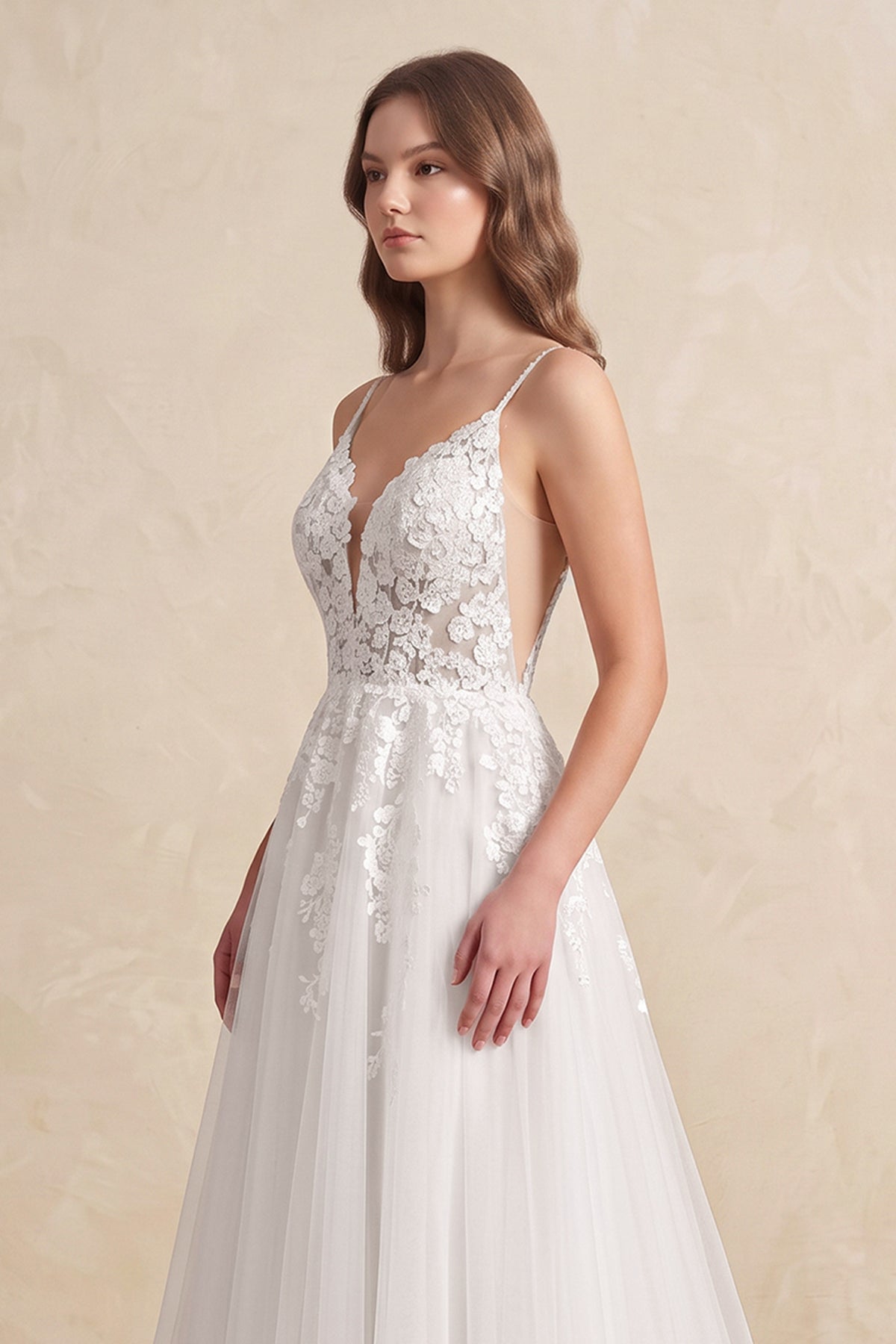 Spaghetti Straps V-Neck Lace Appliques A-line Tulle Rustic Wedding Dress - Curvevia