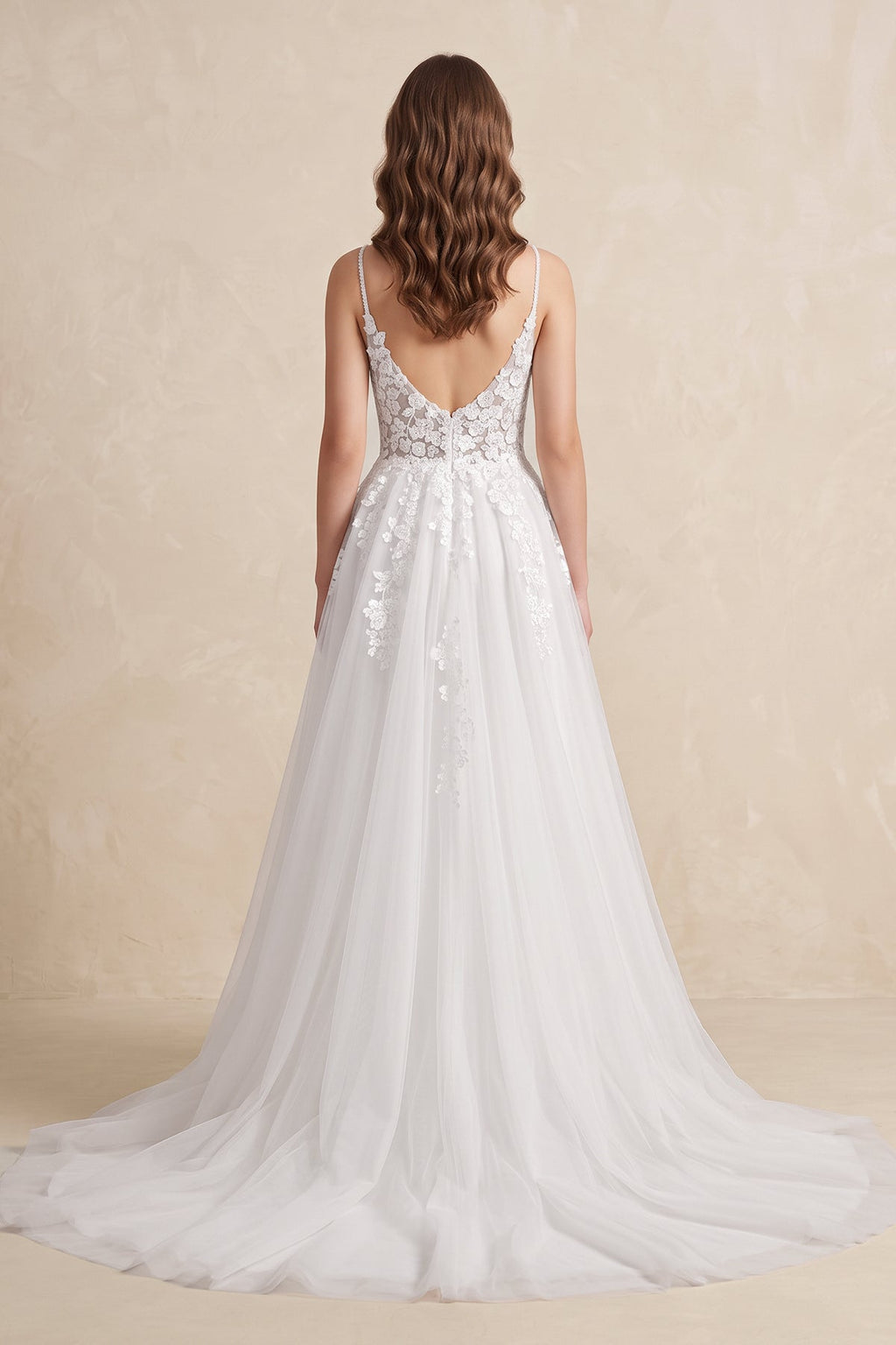 Spaghetti Straps V-Neck Lace Appliques A-line Tulle Rustic Wedding Dress - Curvevia