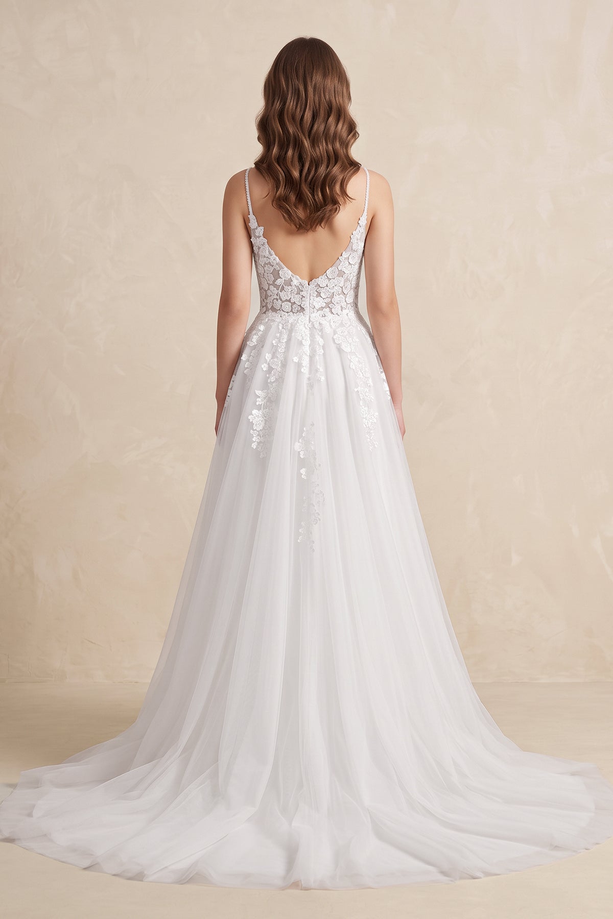 Spaghetti Straps V-Neck Lace Appliques A-line Tulle Rustic Wedding Dress - Curvevia