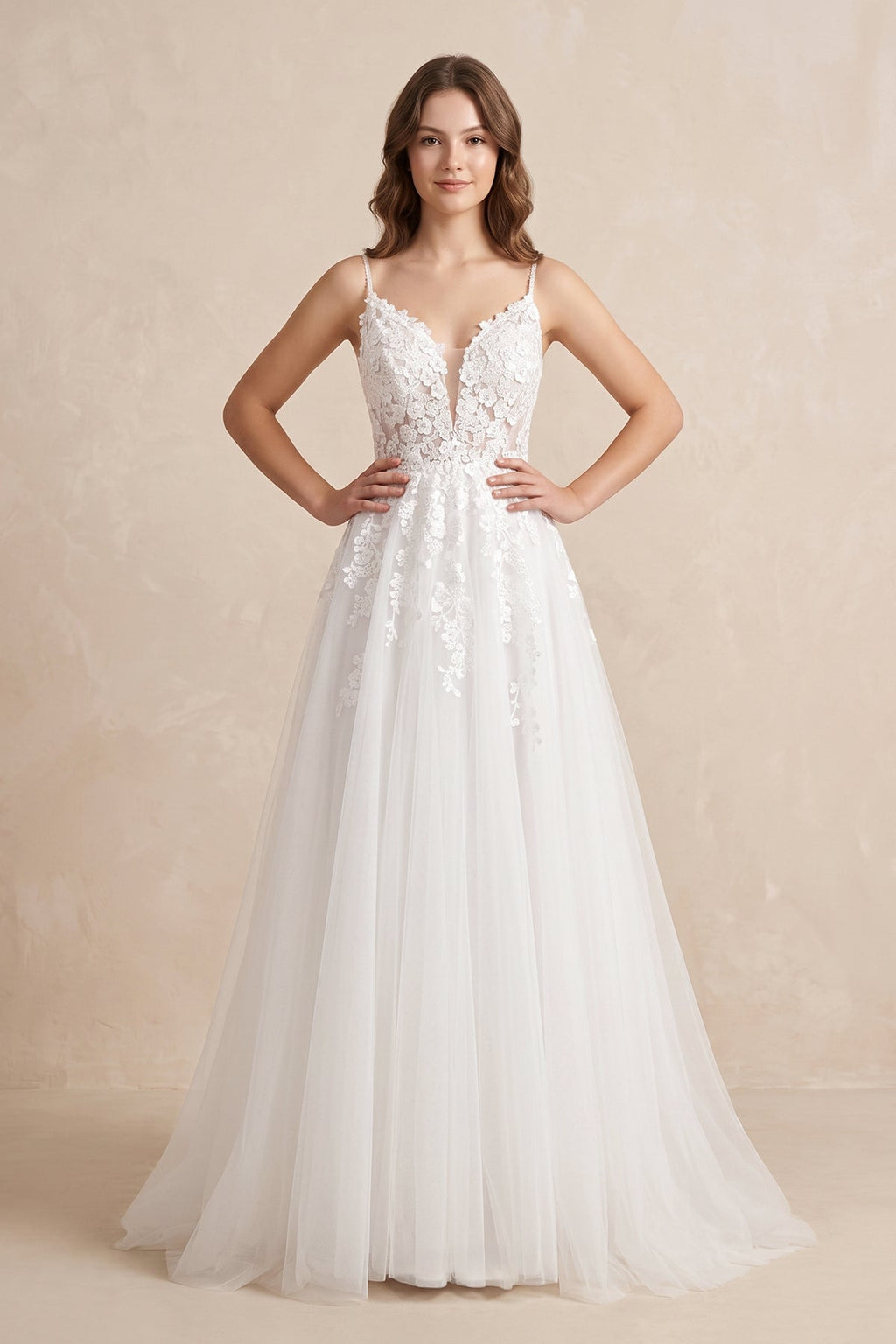 Spaghetti Straps V-Neck Lace Appliques A-line Tulle Rustic Wedding Dress - Curvevia