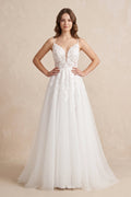Spaghetti Straps V-Neck Lace Appliques A-line Tulle Rustic Wedding Dress - Curvevia