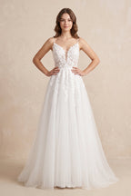 Spaghetti Straps V-Neck Lace Appliques A-line Tulle Rustic Wedding Dress - Curvevia