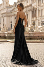 Sheath Strapless Corset Satin Evening Dress with Slit - Curvevia
