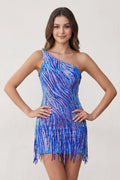 Sparkly Blue One Shoulder Sequins Mini Party Dresses with Fringes - Curvevia