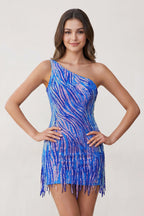Sparkly Blue One Shoulder Sequins Mini Party Dresses with Fringes - Curvevia