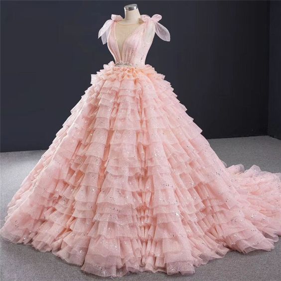 Pink Layered Ruffle Ball Gown Quinceanera Dress With Cascading Ruffles - Curvevia