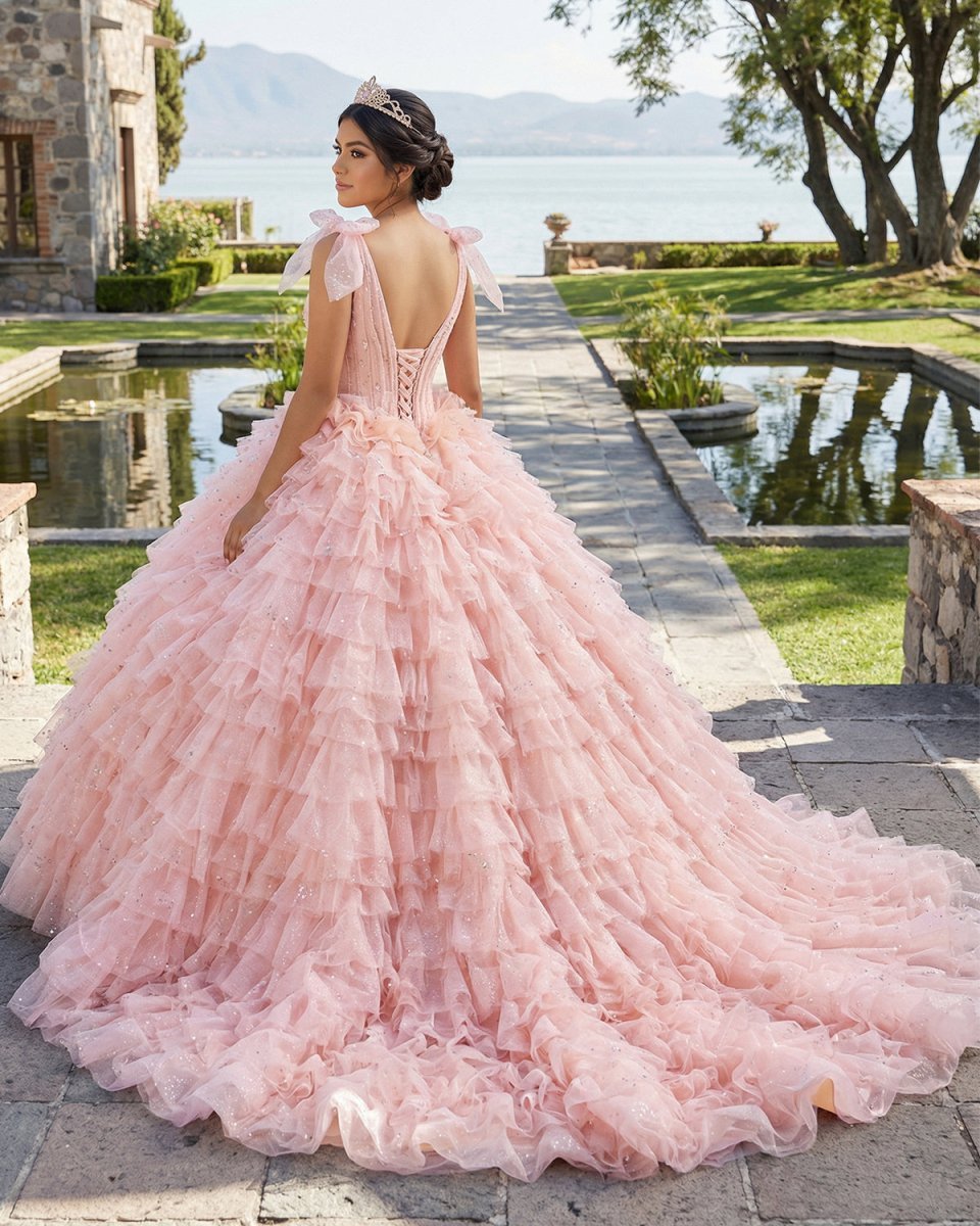 Pink Layered Ruffle Ball Gown Quinceanera Dress With Cascading Ruffles - Curvevia