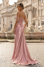 Sheath Strapless Corset Satin Evening Dress with Slit - Curvevia