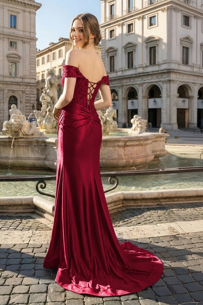 Mermaid Off the Shoulder Satin Evening Dress with Slit - Curvevia
