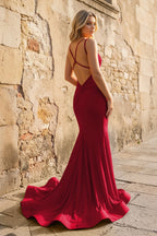 Mermaid V Neck Beaded Satin Evening Dress - Curvevia