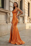 Sparkly Orange Sequins Mermaid Long Evening Dress - Curvevia