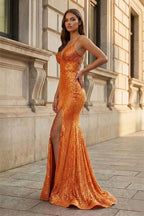 Sparkly Orange Sequins Mermaid Long Evening Dress - Curvevia