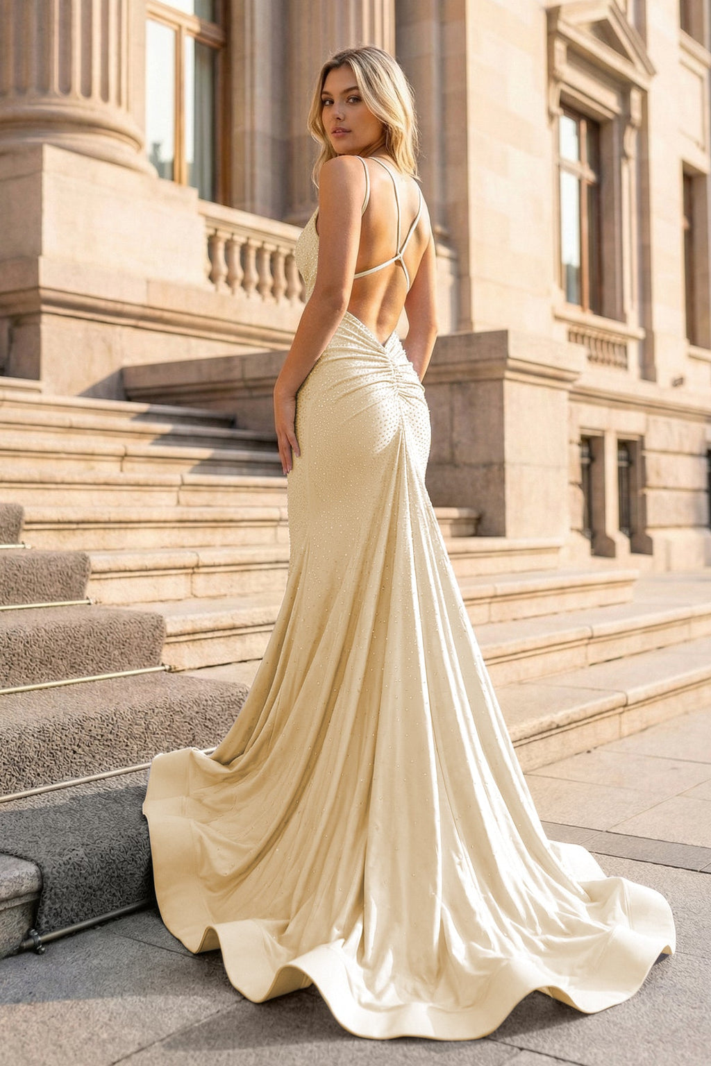 Mermaid V Neck Beaded Satin Evening Dress - Curvevia
