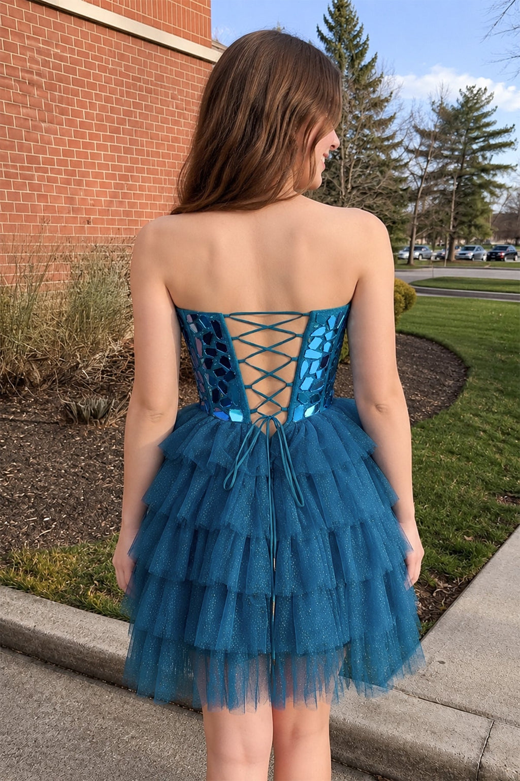 Sparkly Champagne Sweetheart A-Line Tulle Tiered Homecoming Dress - Curvevia